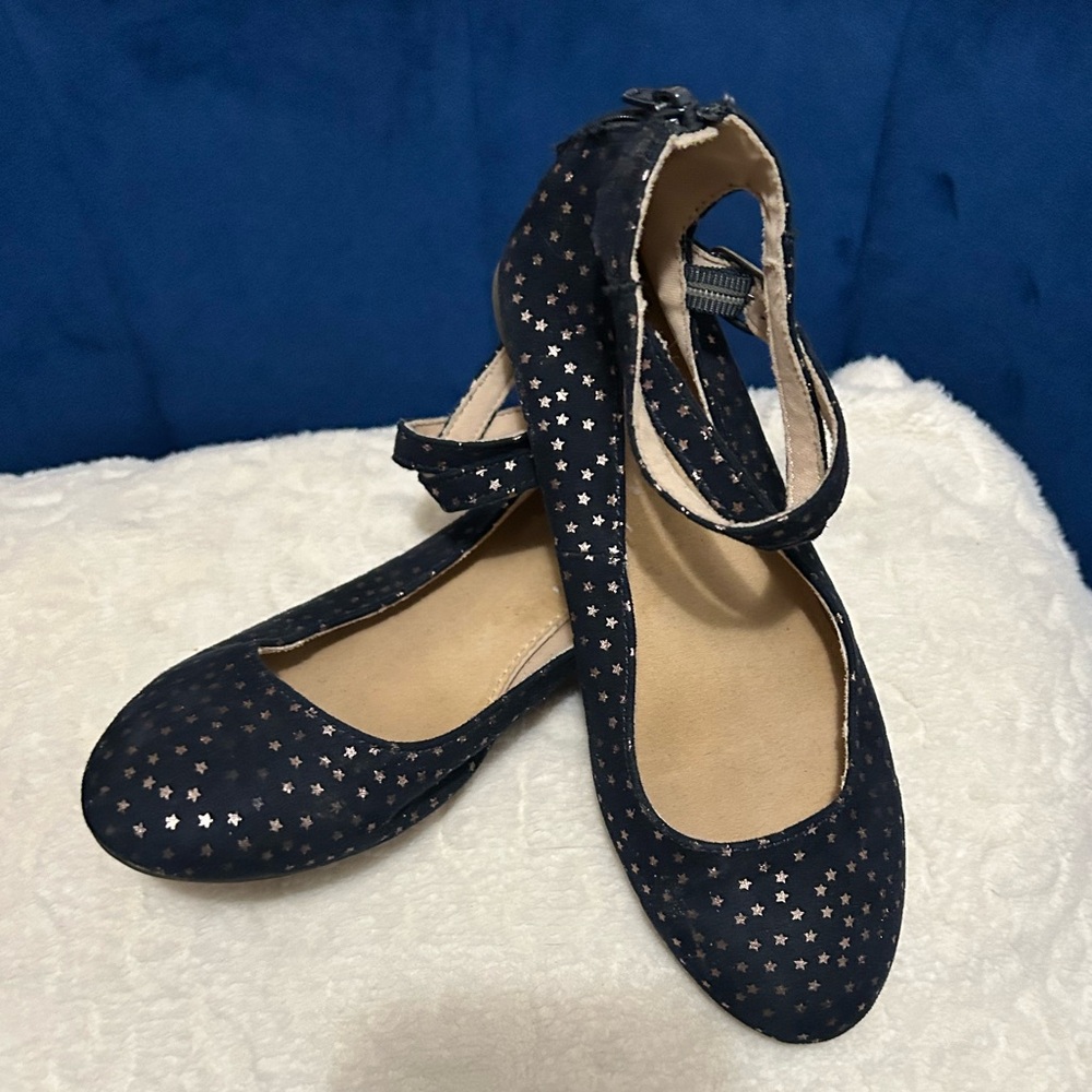Cat & Jack Ballet Flats Navy Blue & Silver Stars Girls Sz 3 CrissX Ankle Strap